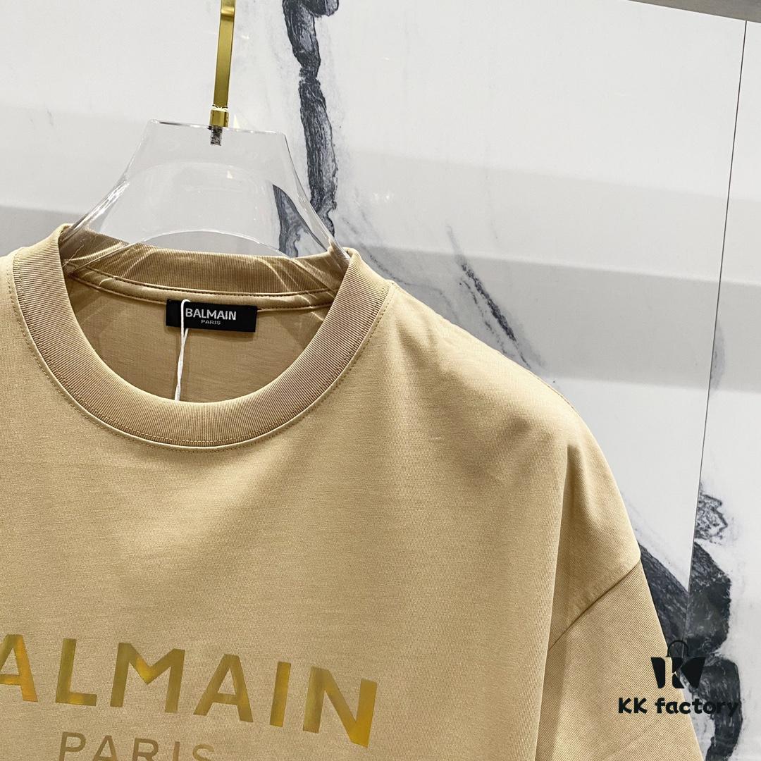 BALMAIN Crew Neck Short Sleeve T-Shirt 260g Classic Gold Foil Logo Print
