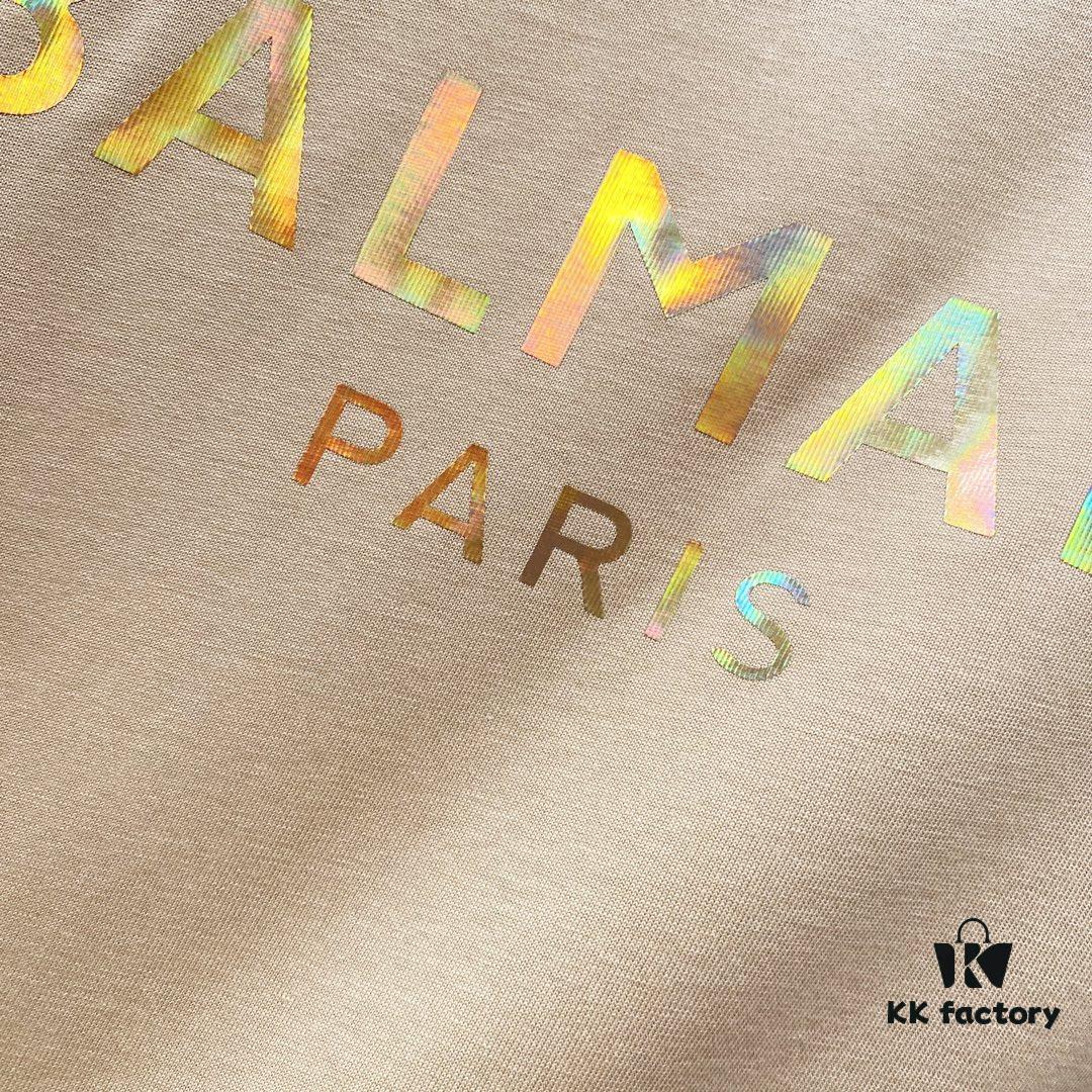 BALMAIN Crew Neck Short Sleeve T-Shirt 260g Classic Gold Foil Logo Print