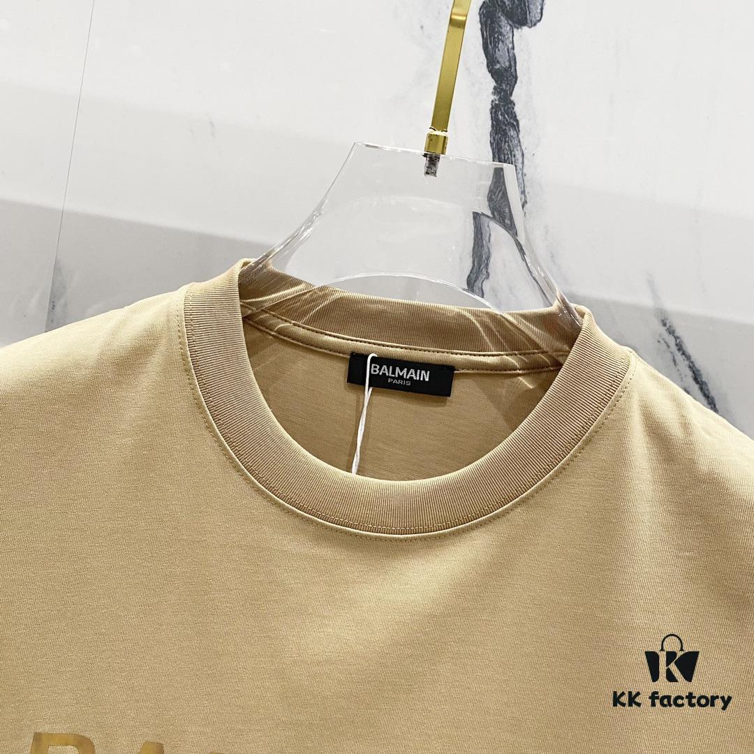BALMAIN Crew Neck Short Sleeve T-Shirt 260g Classic Gold Foil Logo Print