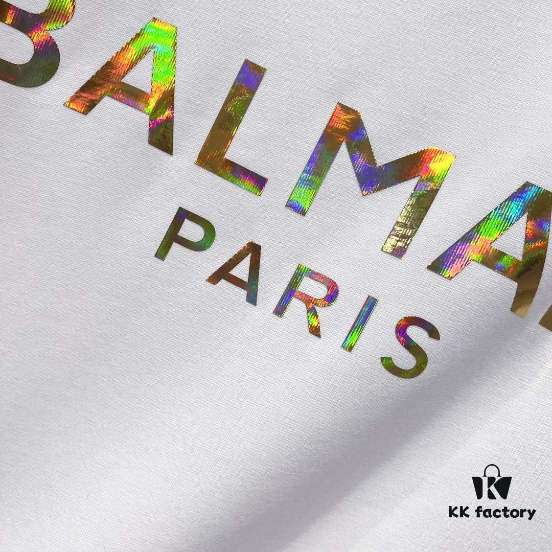BALMAIN Crew Neck Short Sleeve T-Shirt 260g Classic Gold Foil Logo Print