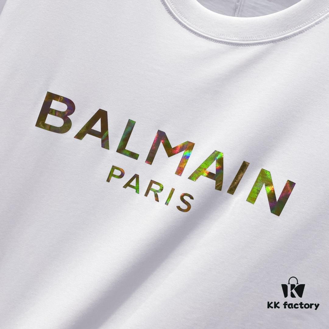 BALMAIN Crew Neck Short Sleeve T-Shirt 260g Classic Gold Foil Logo Print