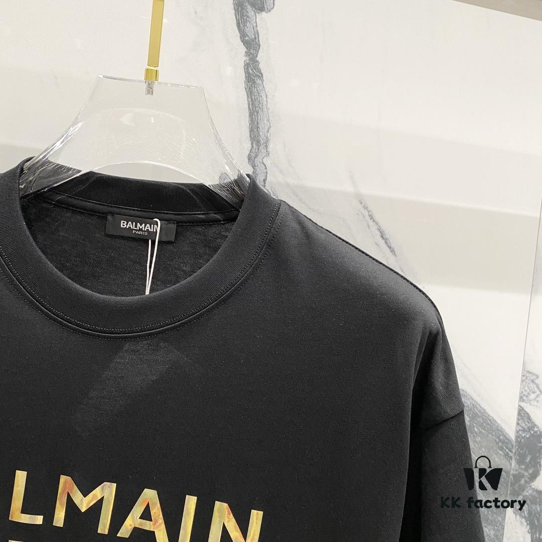 BALMAIN 260g Crew Neck Short Sleeve T-Shirt with Classic Gold Foil Logo Print
