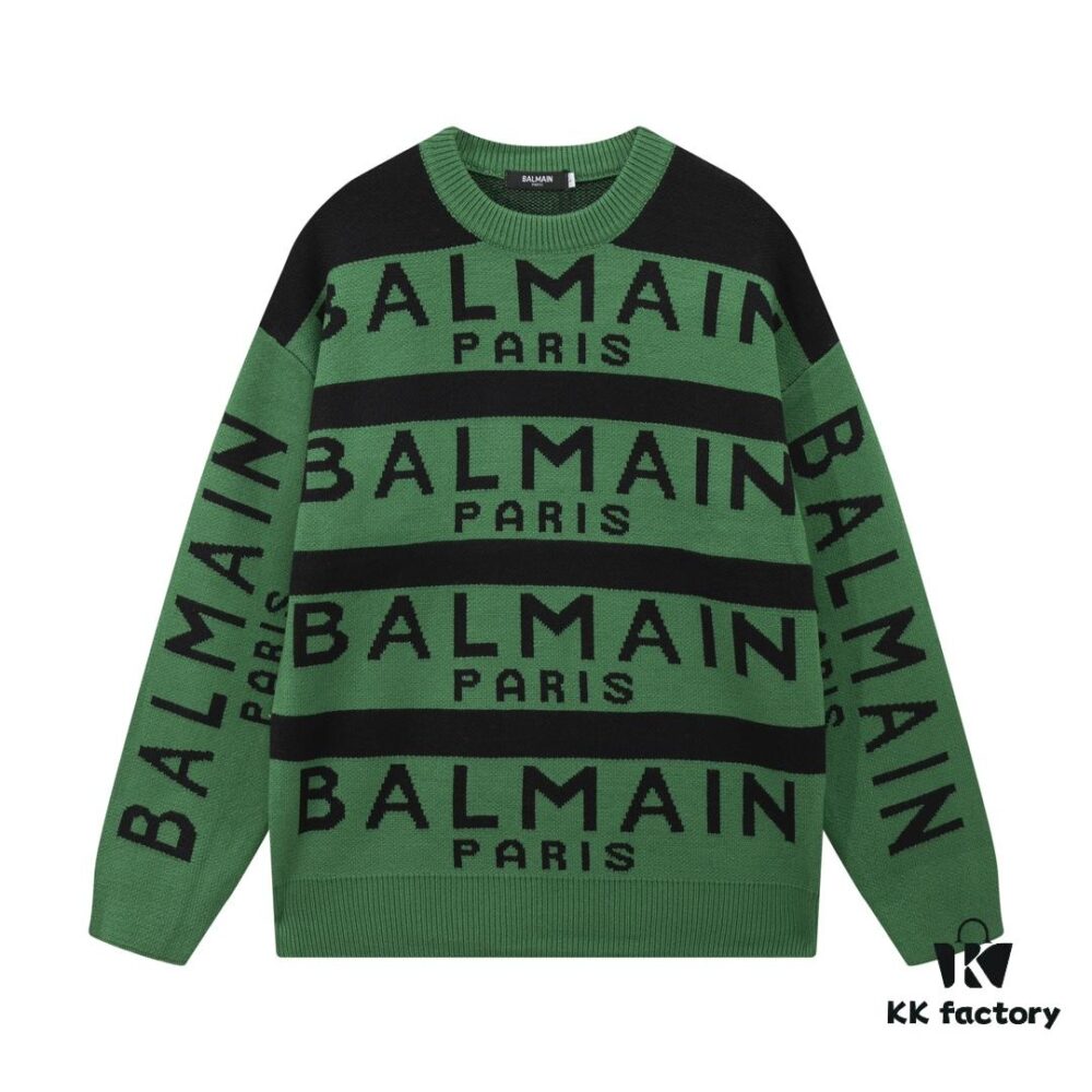 Balmain Letter Logo Striped Knit Sweater Woolen Pullover