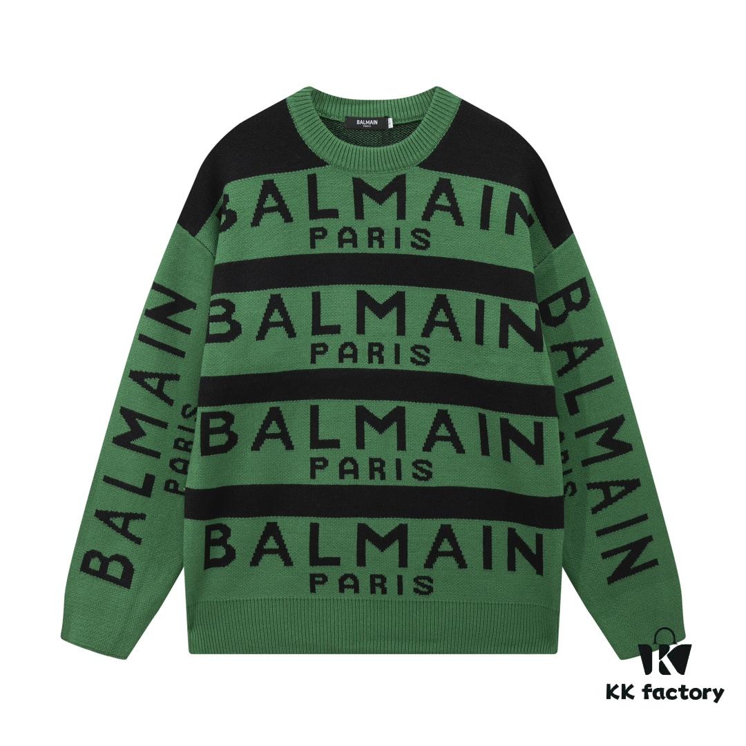 Balmain Letter Logo Striped Knit Sweater Woolen Pullover