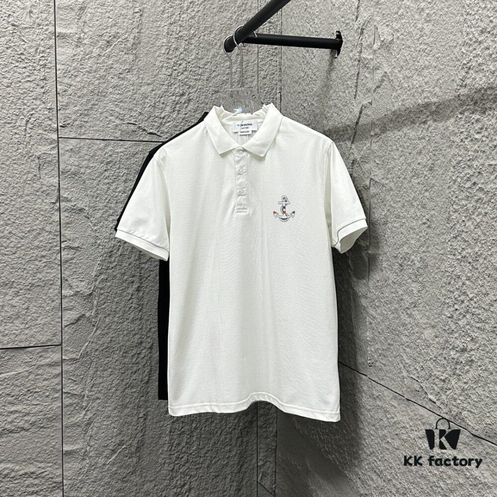 TB*Tom* Short Sleeve Polo 2025 Spring Summer New Arrival Minimalist Letter Embroidery Beaded Fabric Unisex Short Sleeve Polo Collar