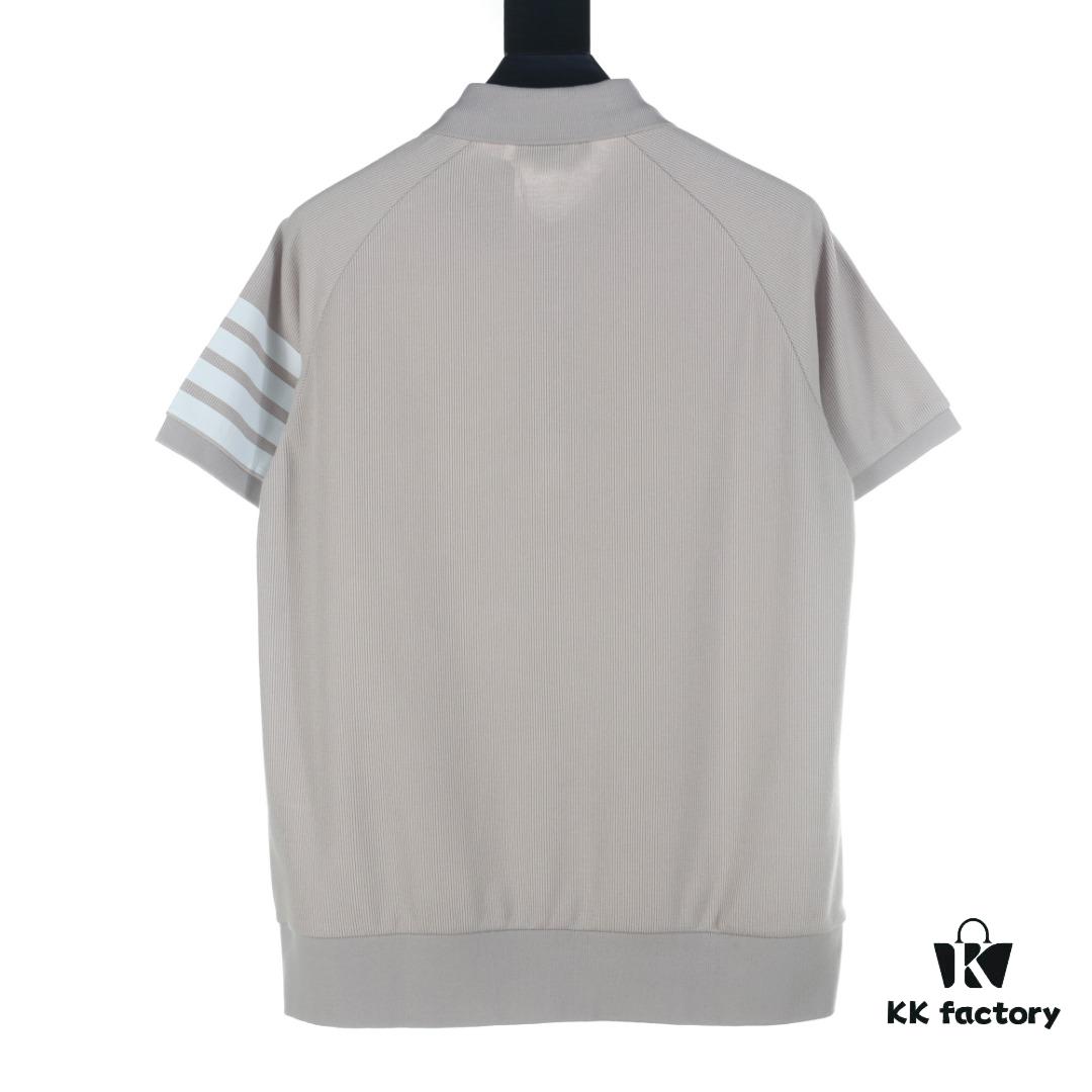 Thom Browne TB Ripple Four-Bar Leather-Pressed Cotton Short-Sleeve Polo Shirt