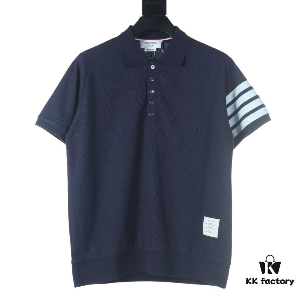 Thom Browne TB Wave Pattern Four-Bar Leather-Laminated Cotton Waffle Short Sleeve Polo Shirt
