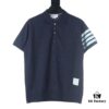 Thom Browne TB Wave Pattern Four-Bar Leather-Laminated Cotton Waffle Short Sleeve Polo Shirt