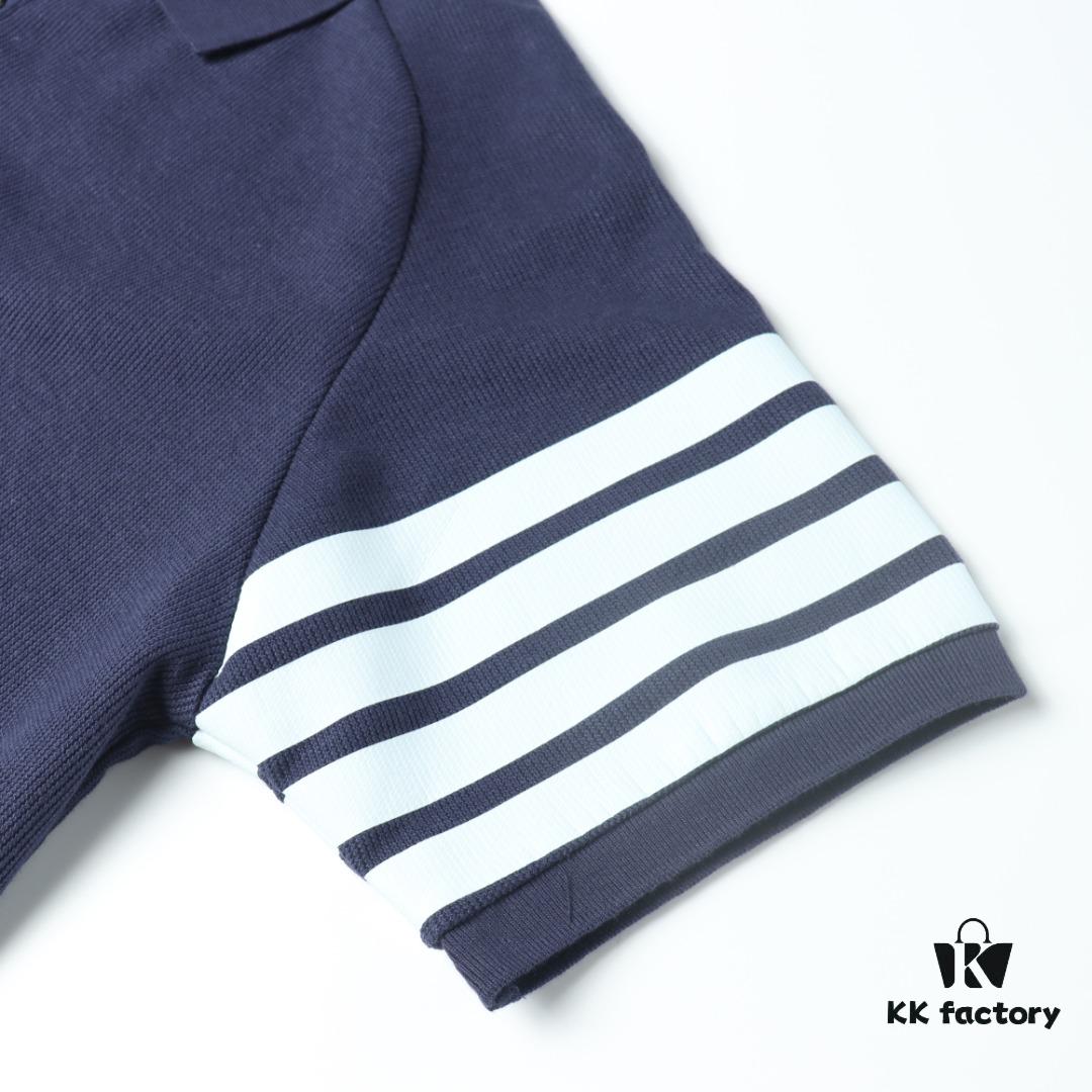 Thom Browne TB Wave Pattern Four-Bar Leather-Laminated Cotton Waffle Short Sleeve Polo Shirt