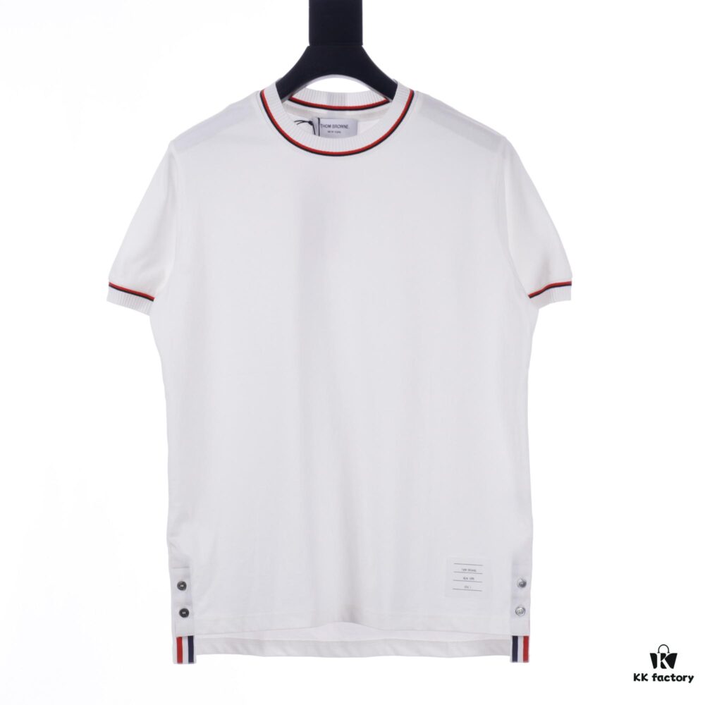 THOM BROWNE TB Red Stripe Woven Crew Neck Short Sleeve T-Shirt