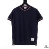 THOM BROWNE TB Red Stripe Woven Crew Neck Short Sleeve T-Shirt in Navy