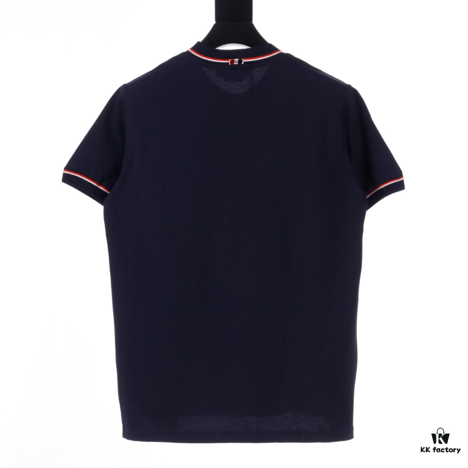 THOM BROWNE TB Red Stripe Woven Crew Neck Short Sleeve T-Shirt in Navy