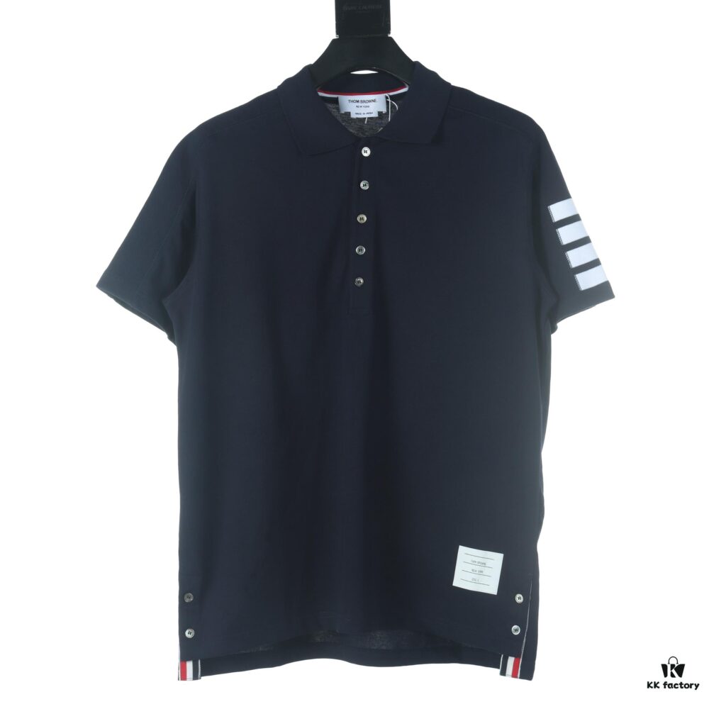 Thom Browne TB Striped Sleeve Woven Short-Sleeve Polo Shirt in Navy Blue