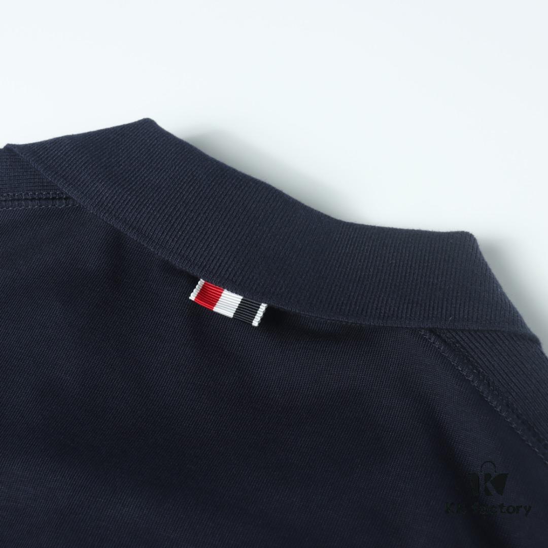 Thom Browne TB Striped Sleeve Woven Short-Sleeve Polo Shirt in Navy Blue