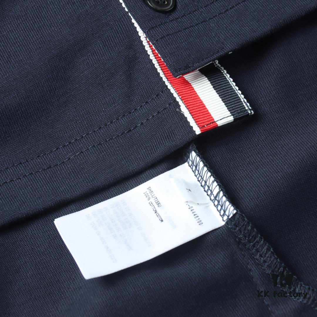 Thom Browne TB Striped Sleeve Woven Short-Sleeve Polo Shirt in Navy Blue