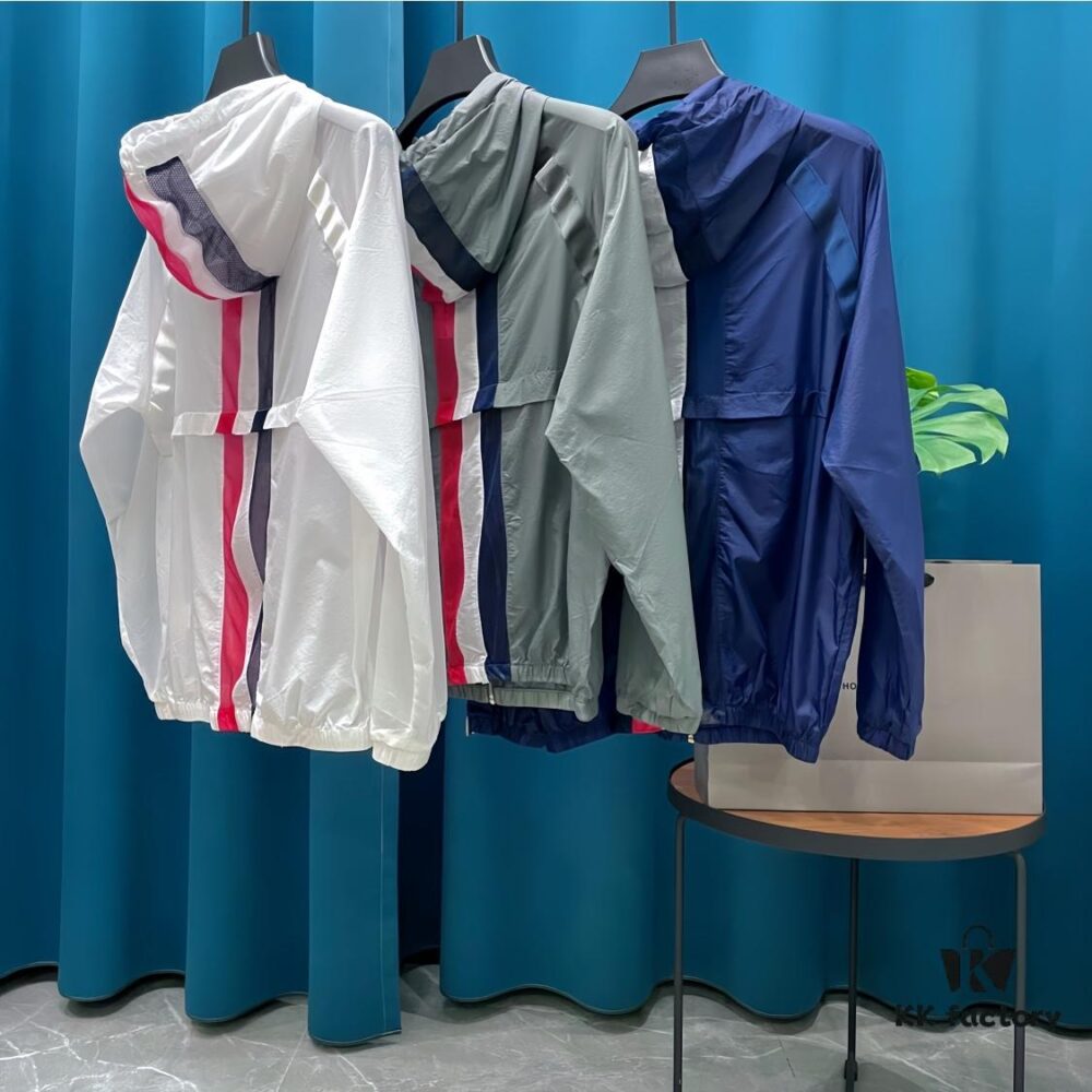 THOM BROWNE Inspired Lightweight UV Protection Hoodie - Summer Loose-Fit with Contrasting Back Stripe Design, Breathable Skin-Like Fabric