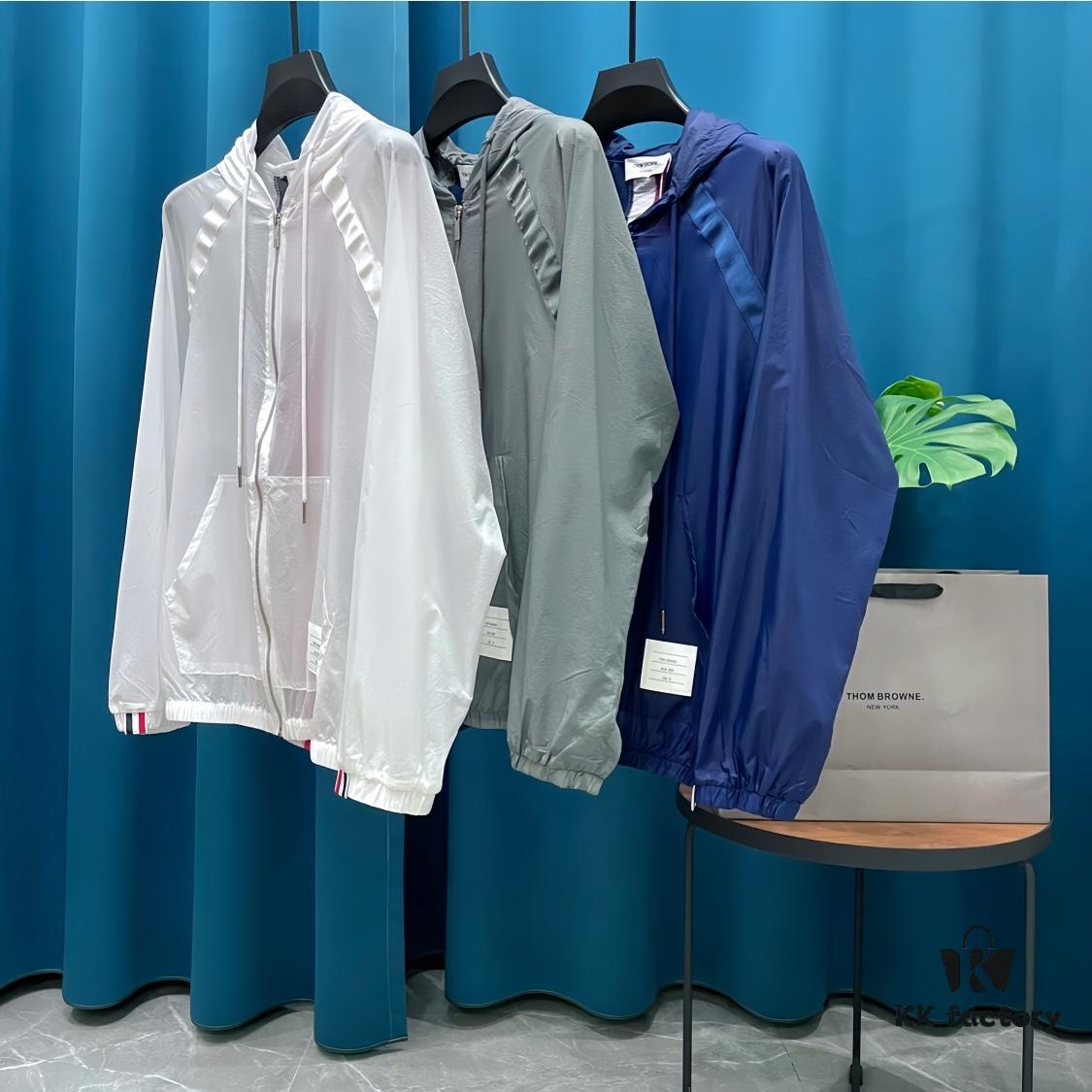 THOM BROWNE Inspired Lightweight UV Protection Hoodie - Summer Loose-Fit with Contrasting Back Stripe Design, Breathable Skin-Like Fabric