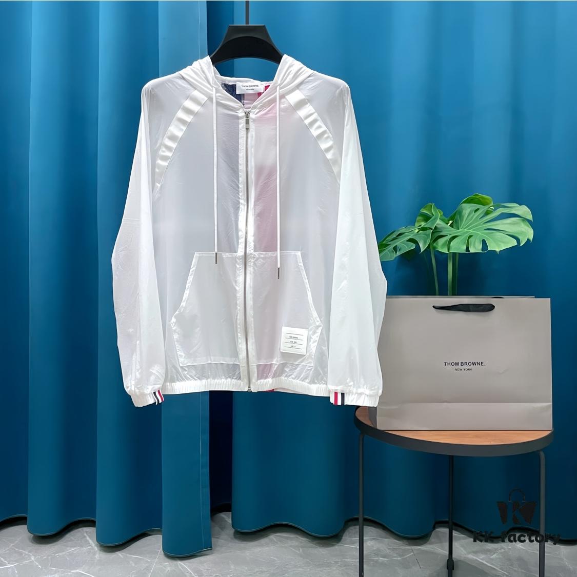 THOM BROWNE Inspired Lightweight UV Protection Hoodie - Summer Loose-Fit with Contrasting Back Stripe Design, Breathable Skin-Like Fabric