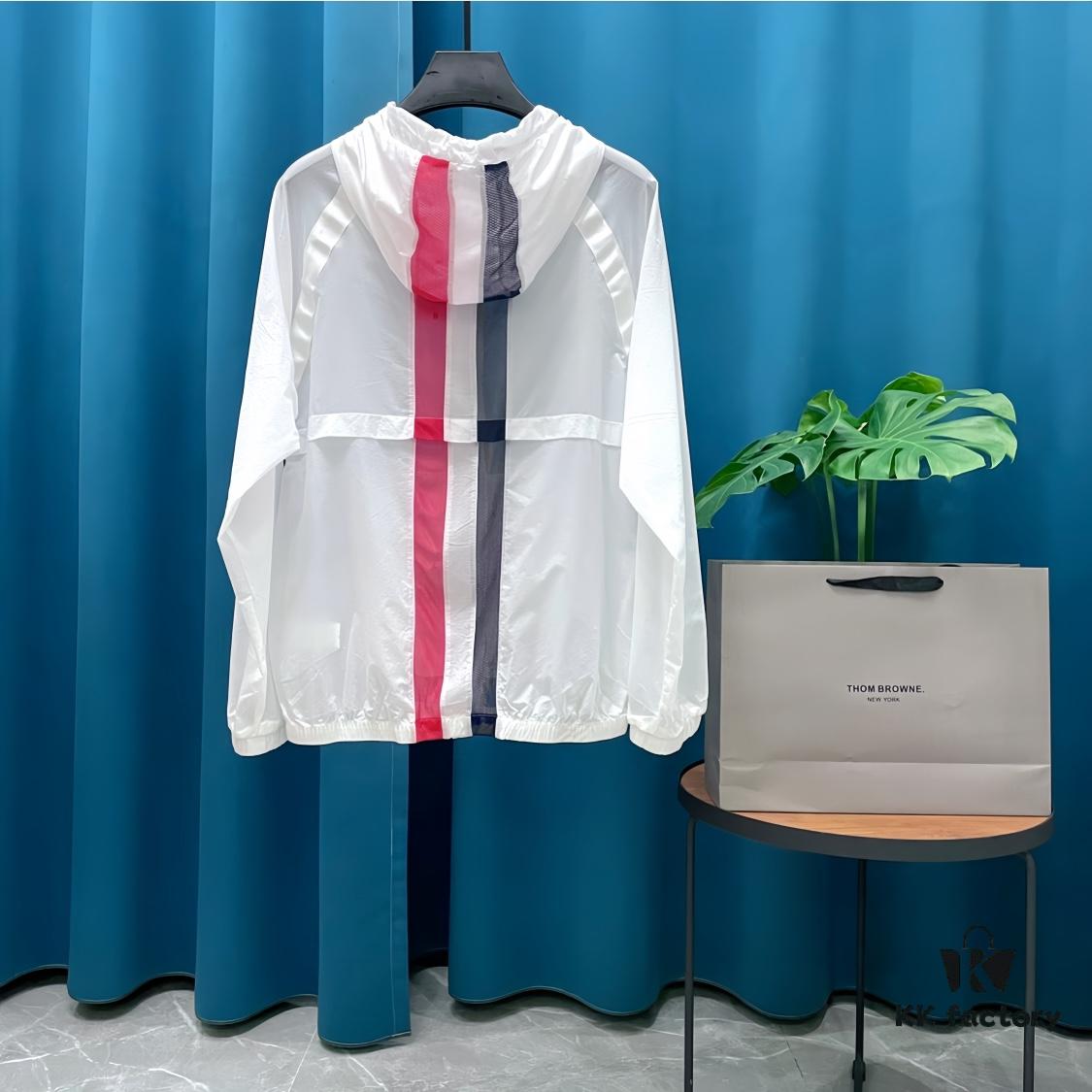 THOM BROWNE Inspired Lightweight UV Protection Hoodie - Summer Loose-Fit with Contrasting Back Stripe Design, Breathable Skin-Like Fabric