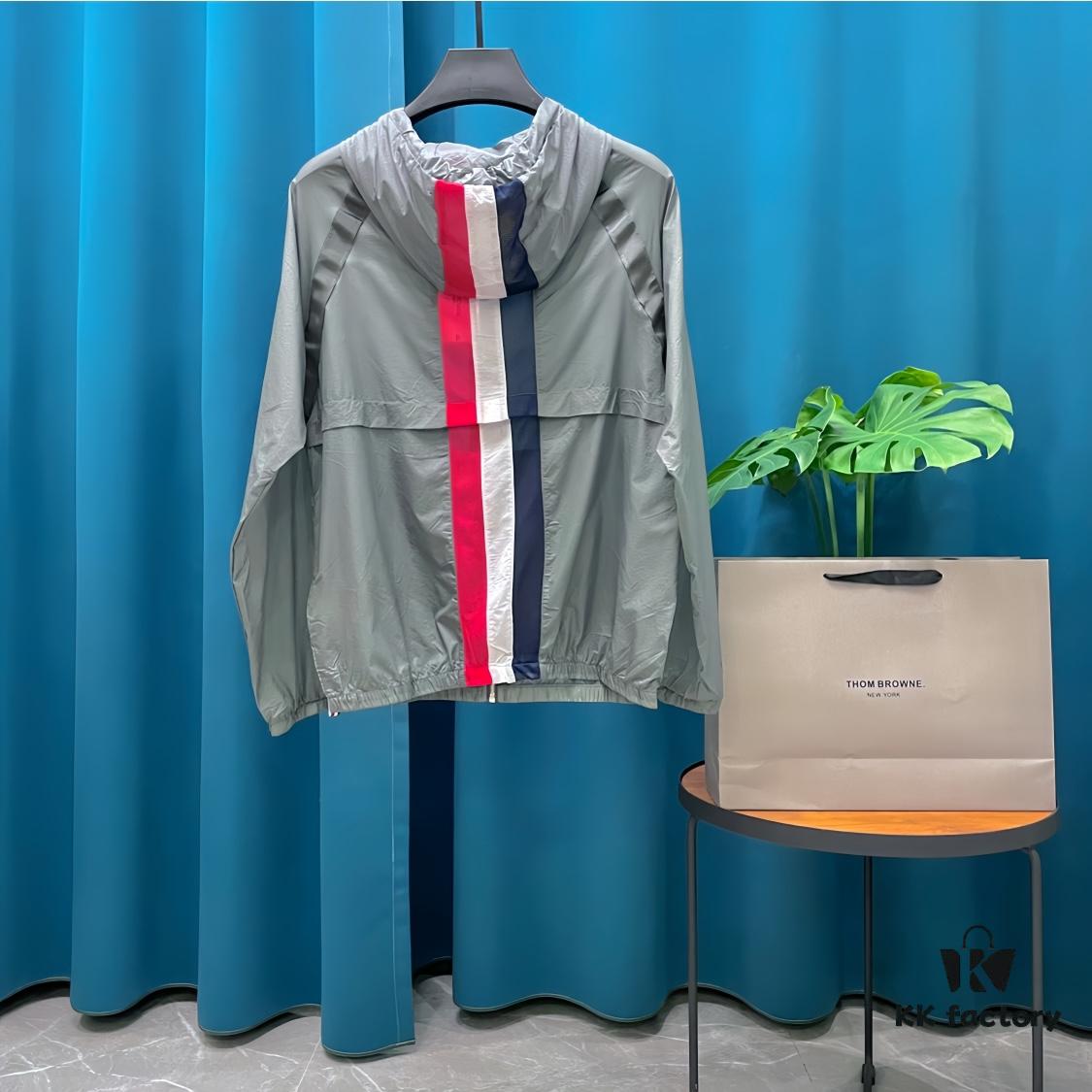 THOM BROWNE Inspired Lightweight UV Protection Hoodie - Summer Loose-Fit with Contrasting Back Stripe Design, Breathable Skin-Like Fabric