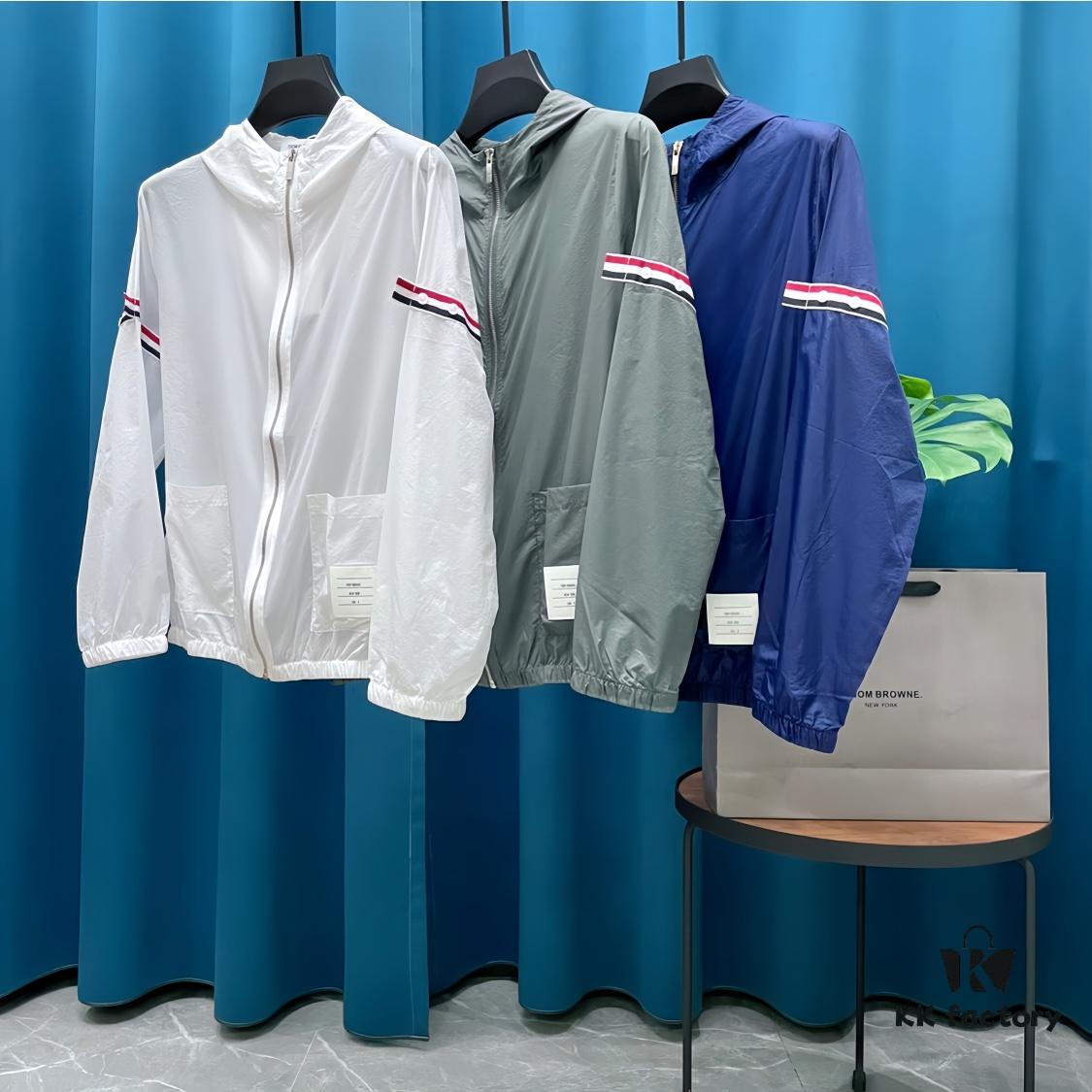 Thom Browne Inspired Lightweight UV Protection Hoodie - Classic Stripe Trim Breathable Skin-Fit Jacket for Summer