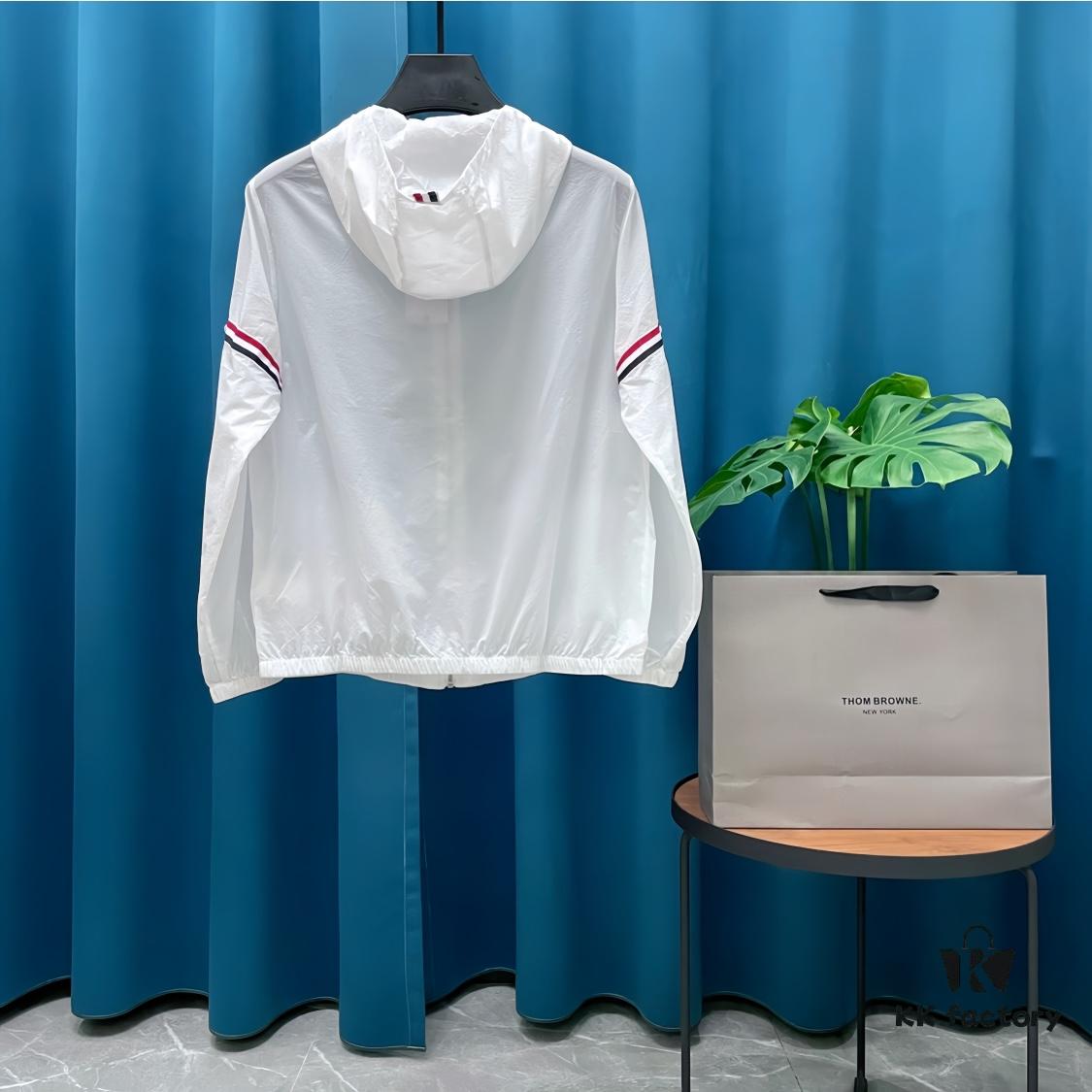 Thom Browne Inspired Lightweight UV Protection Hoodie - Classic Stripe Trim Breathable Skin-Fit Jacket for Summer