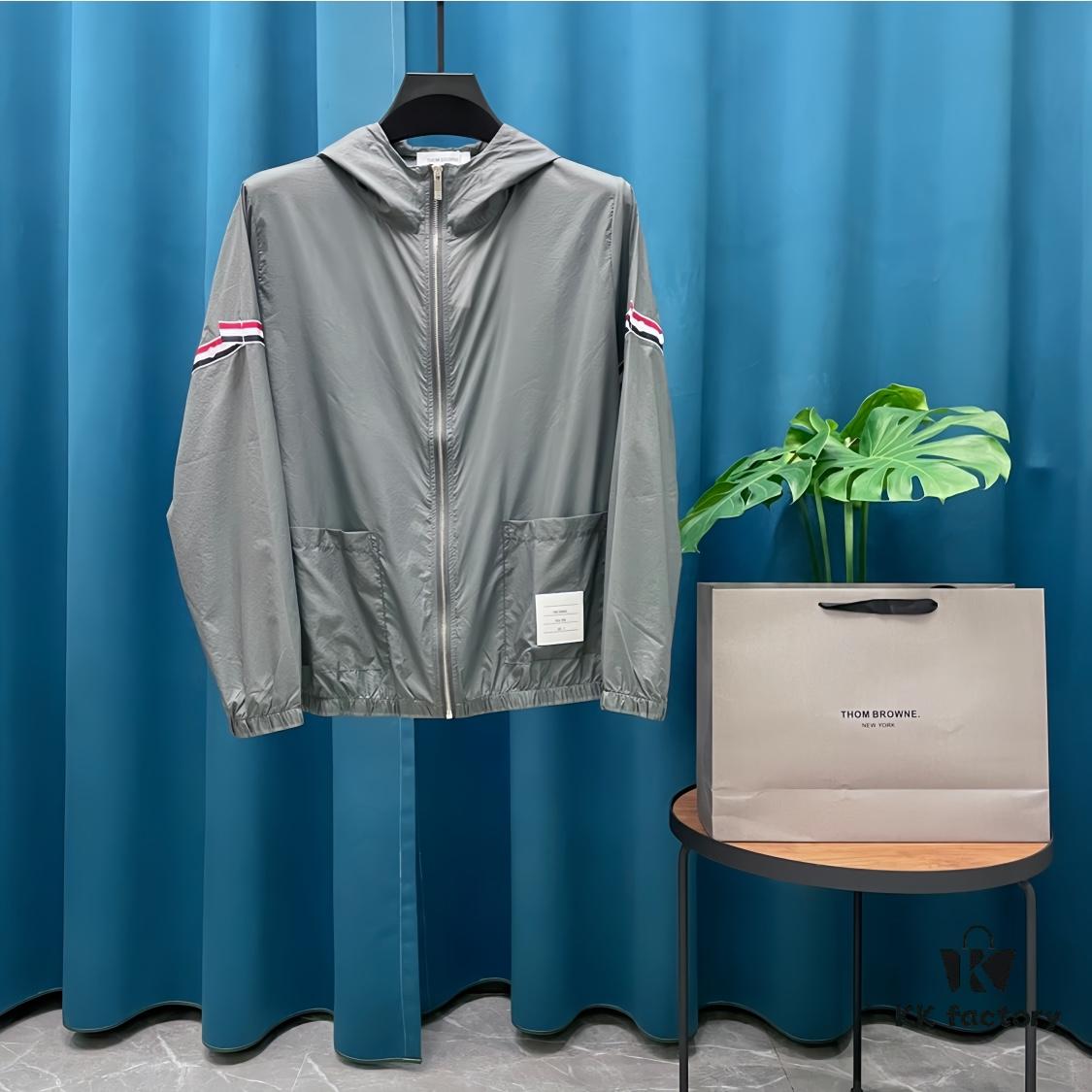 Thom Browne Inspired Lightweight UV Protection Hoodie - Classic Stripe Trim Breathable Skin-Fit Jacket for Summer