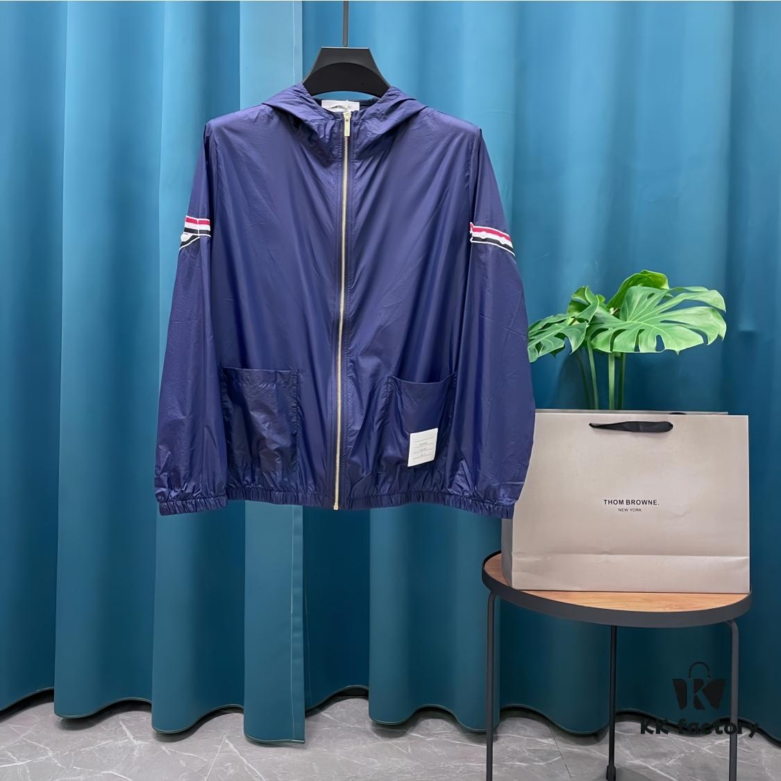 Thom Browne Inspired Lightweight UV Protection Hoodie - Classic Stripe Trim Breathable Skin-Fit Jacket for Summer