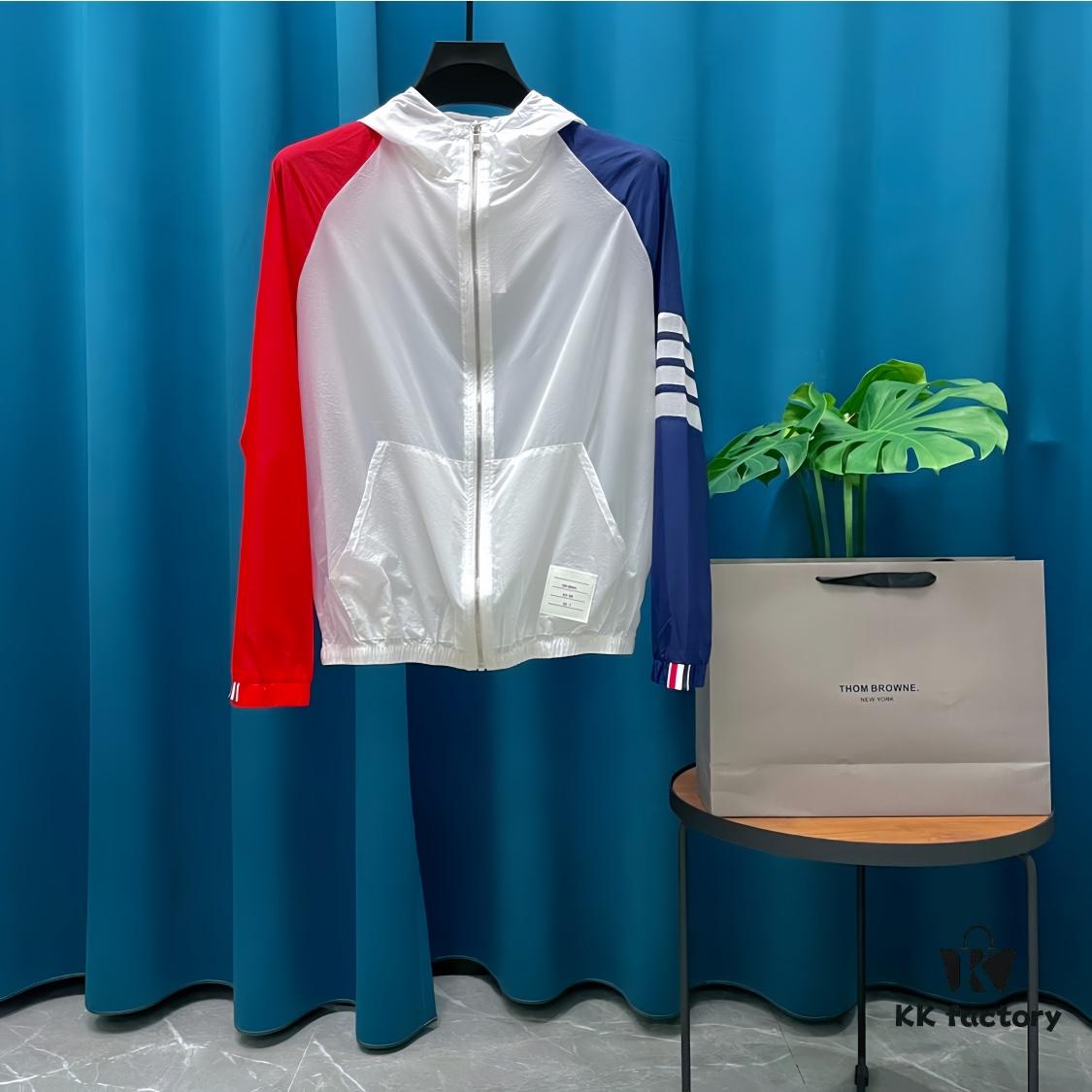 THOM BROWNE ➡️ Tom Brown Sun Protection Jacket, Summer Classic Color-Blocked Four-Stripe Lightweight Breathable Hooded Skin Coat