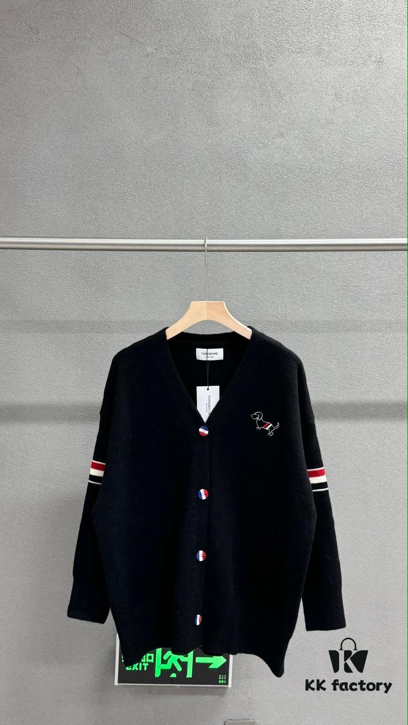 Thom Browne TB Striped Puppy Cardigan Sweater, British Style New Arrival, Wool Blend Preppy Knitwear