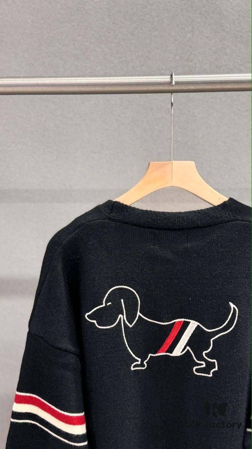 Thom Browne TB Striped Puppy Cardigan Sweater, British Style New Arrival, Wool Blend Preppy Knitwear