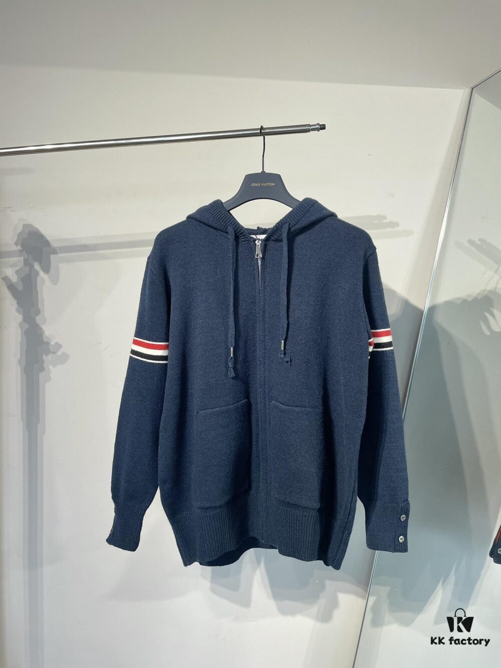 THOM BROWNE Fall 2024 New Arrival Tricolor Sleeve Stripe Colorblock Zipper Knit Hooded Jacket, Classic TB Logo Zip-Up Cardigan, Rich and Textured Overall Color, Wool Blend Fabric with Soft Comfort, Contrasting Stripes Add Design Flair – Stylish, Unique, and Versatile Hooded Zip-Up Outerwear