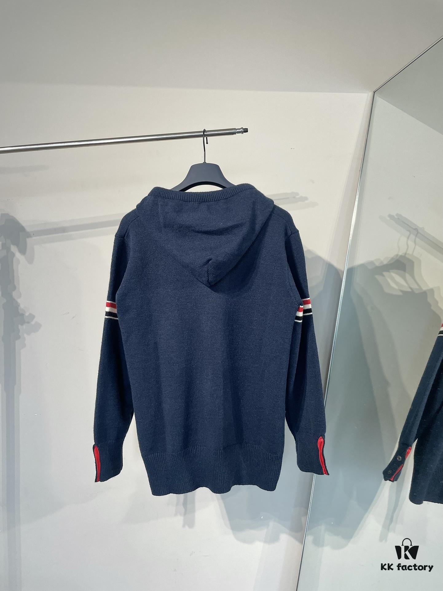 THOM BROWNE Fall 2024 New Arrival Tricolor Sleeve Stripe Colorblock Zipper Knit Hooded Jacket, Classic TB Logo Zip-Up Cardigan, Rich and Textured Overall Color, Wool Blend Fabric with Soft Comfort, Contrasting Stripes Add Design Flair – Stylish, Unique, and Versatile Hooded Zip-Up Outerwear