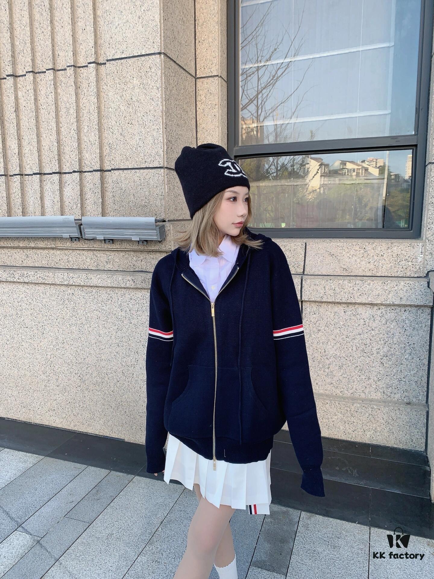 THOM BROWNE Fall 2024 New Arrival Tricolor Sleeve Stripe Colorblock Zipper Knit Hooded Jacket, Classic TB Logo Zip-Up Cardigan, Rich and Textured Overall Color, Wool Blend Fabric with Soft Comfort, Contrasting Stripes Add Design Flair – Stylish, Unique, and Versatile Hooded Zip-Up Outerwear