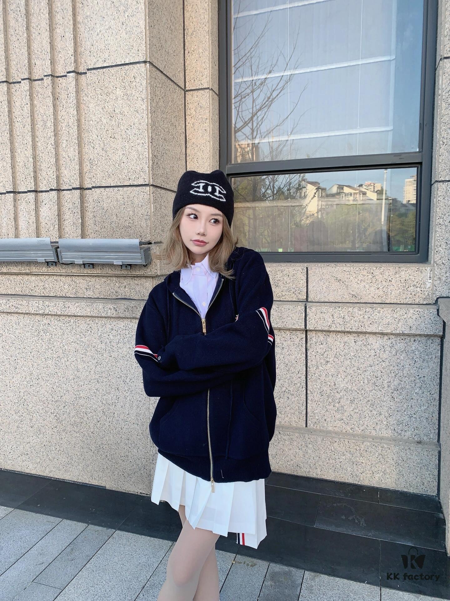 THOM BROWNE Fall 2024 New Arrival Tricolor Sleeve Stripe Colorblock Zipper Knit Hooded Jacket, Classic TB Logo Zip-Up Cardigan, Rich and Textured Overall Color, Wool Blend Fabric with Soft Comfort, Contrasting Stripes Add Design Flair – Stylish, Unique, and Versatile Hooded Zip-Up Outerwear