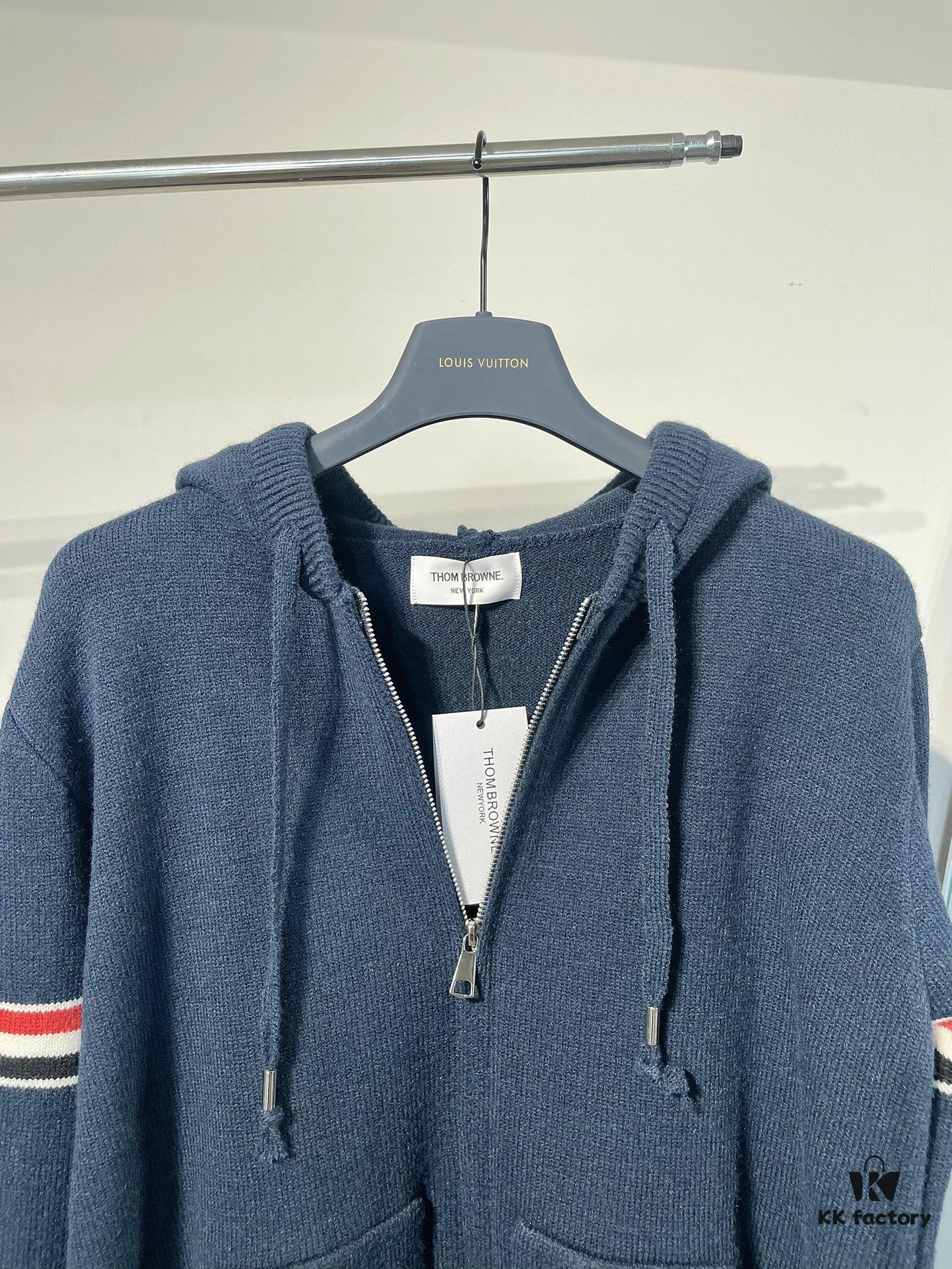 THOM BROWNE Fall 2024 New Arrival Tricolor Sleeve Stripe Colorblock Zipper Knit Hooded Jacket, Classic TB Logo Zip-Up Cardigan, Rich and Textured Overall Color, Wool Blend Fabric with Soft Comfort, Contrasting Stripes Add Design Flair – Stylish, Unique, and Versatile Hooded Zip-Up Outerwear