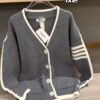 Thom Browne Color-Blocked V-Neck Classic Pocket Logo Mid-Length Knit Cardigan