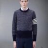 THOM BROWNE TB 24SS Snowflake Chunky-Knit Navy Blue Four-Stripes Crewneck Sweater for Couples
