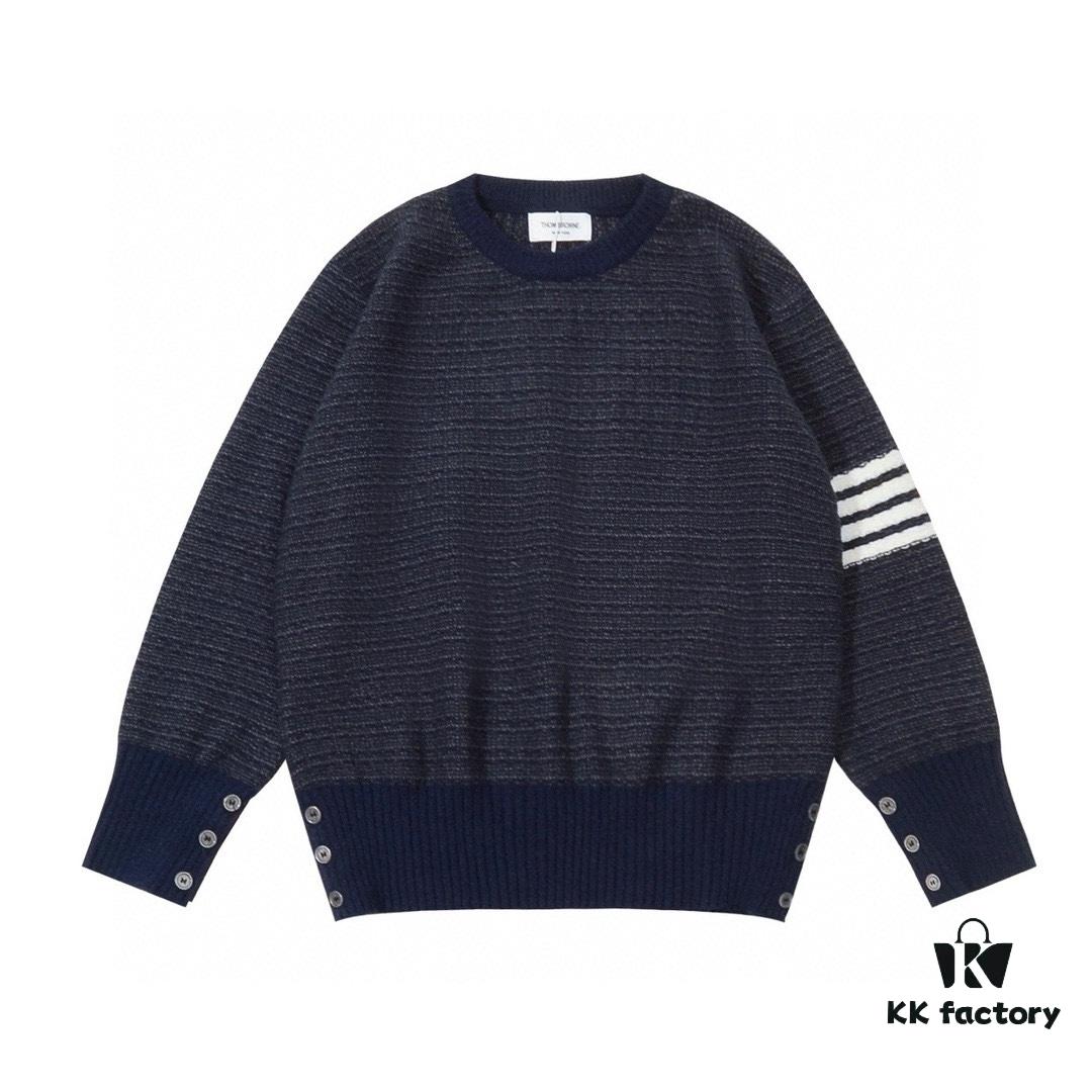 THOM BROWNE TB 24SS Snowflake Chunky-Knit Navy Blue Four-Stripes Crewneck Sweater for Couples