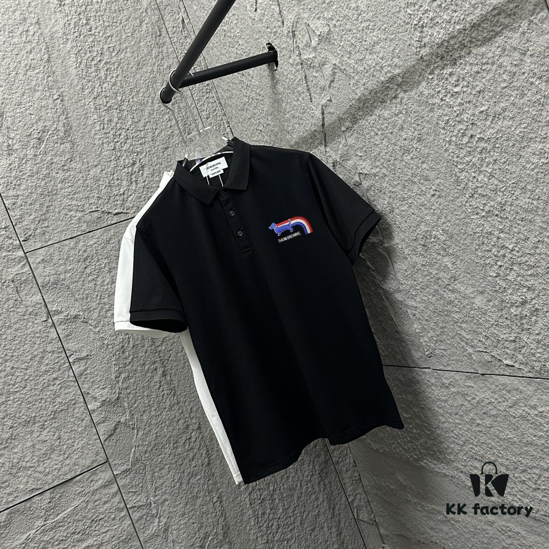 TB*Tom Short Sleeve Polo 2025 Spring/Summer New Arrival Minimalist Red White Blue Scarf Dog Embroidery Beaded Fabric Unisex Short Sleeve Polo Collar