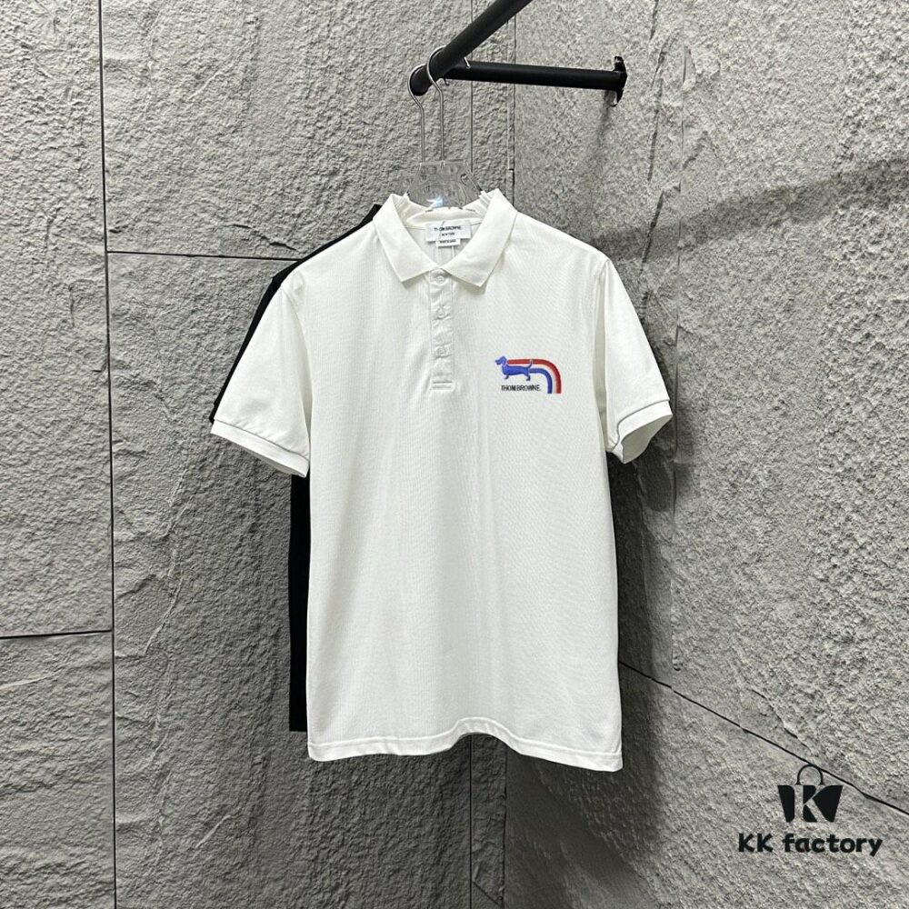 TB*Tom* Short Sleeve Polo 2025 Spring Summer New Arrival Minimalist Red White Blue Scarf Dog Embroidery Beaded Fabric Unisex Short Sleeve Polo Collar