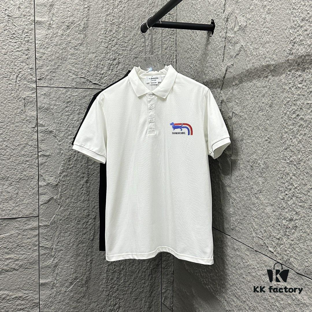 TB*Tom* Short Sleeve Polo 2025 Spring Summer New Arrival Minimalist Red White Blue Scarf Dog Embroidery Beaded Fabric Unisex Short Sleeve Polo Collar