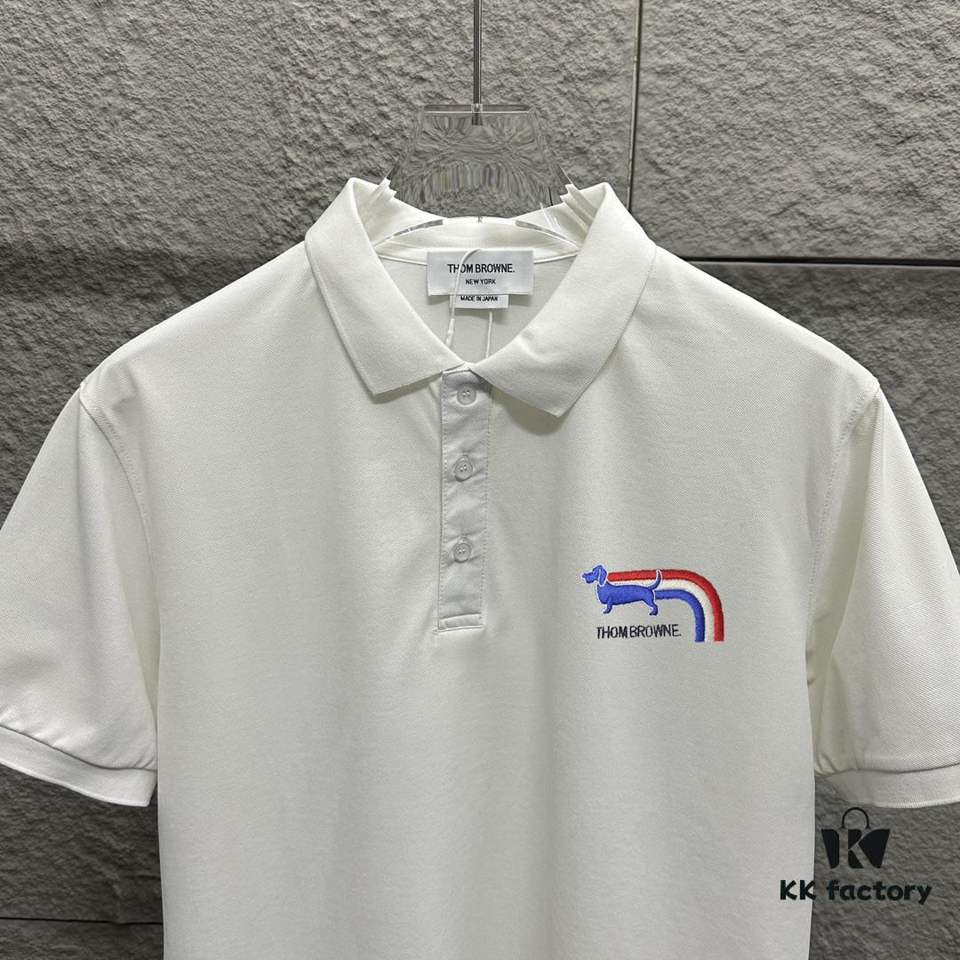 TB*Tom* Short Sleeve Polo 2025 Spring Summer New Arrival Minimalist Red White Blue Scarf Dog Embroidery Beaded Fabric Unisex Short Sleeve Polo Collar