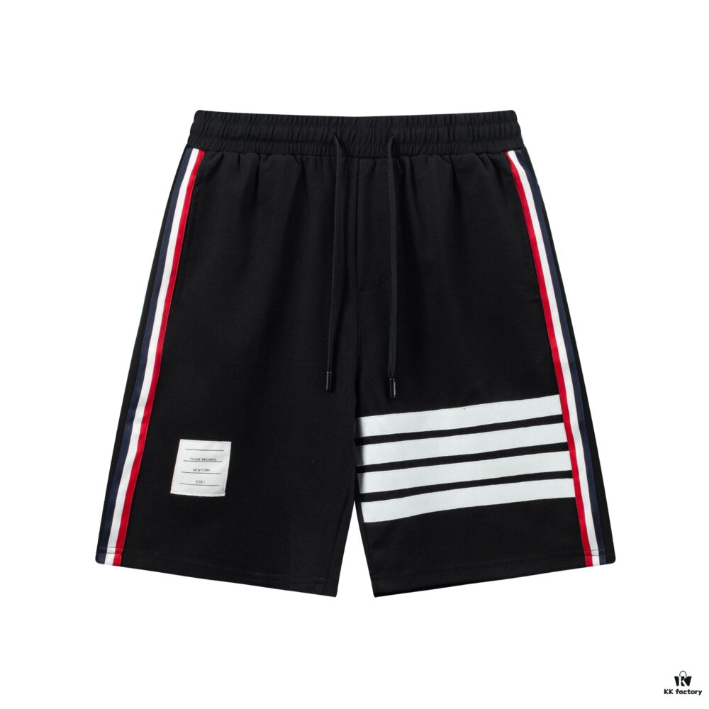 2025 TB New Knit Shorts, Custom Fabric, Classic Three-Color Stripe Design, Streamlined and Structured Fit, Straight Striped Paneling, Premium Custom Drawstring Hardware, Smooth, Comfortable and Breathable Wear with Textured Three-Dimensional Look, Stylish Casual Wear