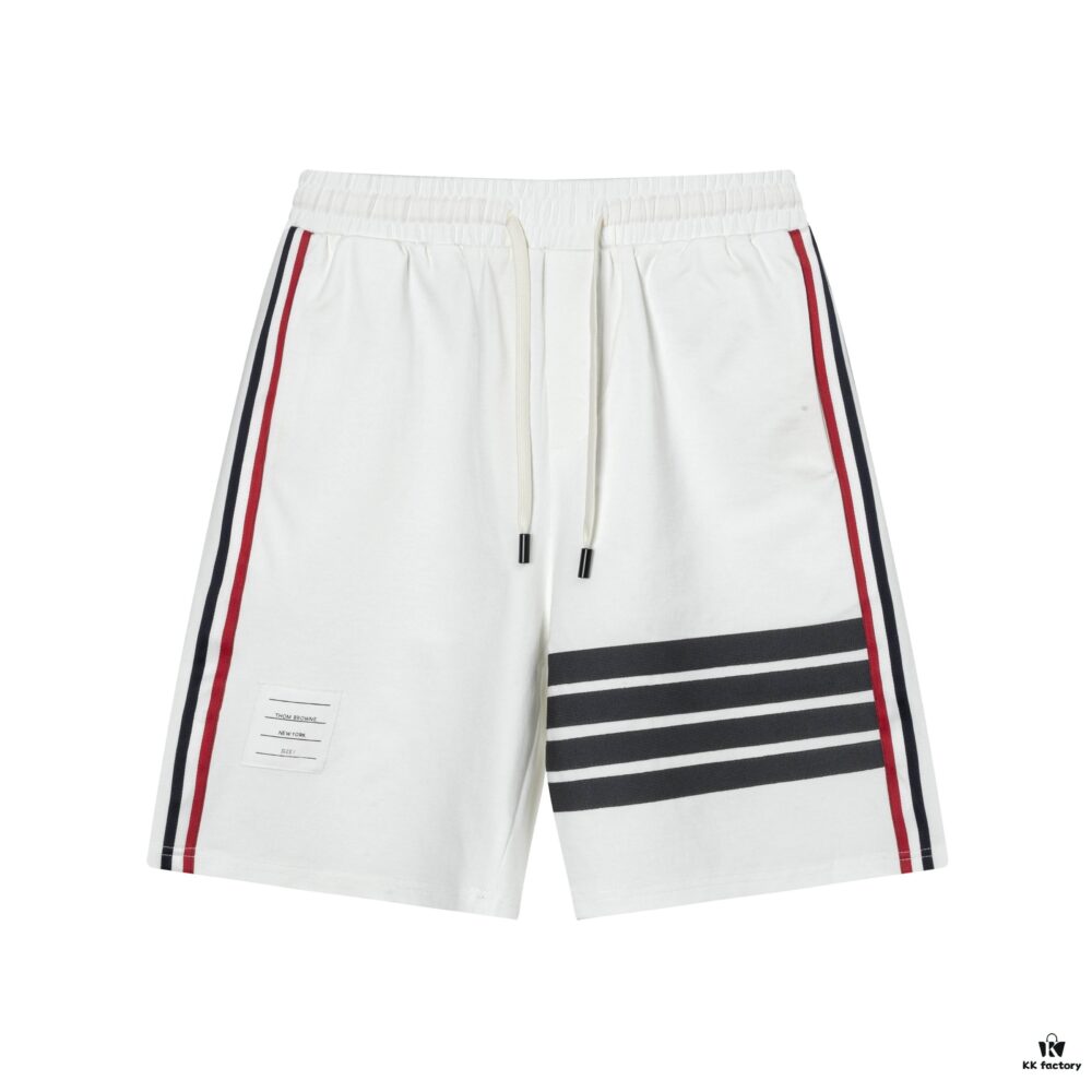 2025 TB New Arrival Knitted Shorts, Custom Fabric, Classic Three-Color Stripe Design, Streamlined and Structured Fit, Straight Striped Paneling, Premium Custom Drawstring Hardware, Smooth, Comfortable and Breathable Wear, Textured and Shapely Silhouette, Stylish Casual Wear