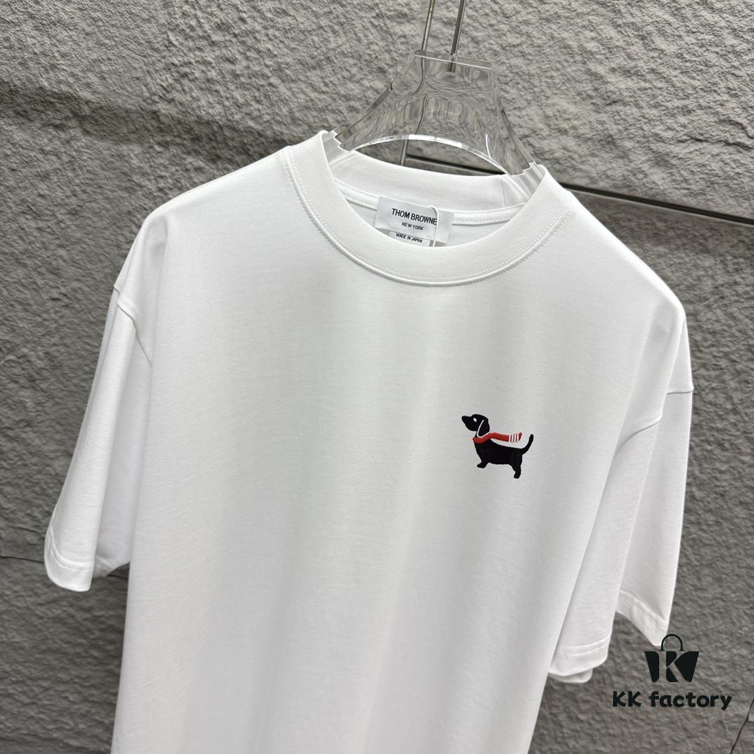 TB*Tommy* 2025 Spring and Summer New Arrival Classic Scarf Dog Embroidery Short Sleeve T-Shirt Custom Double Gauze Plain Weave Pure Cotton 300 Fabric Unisex