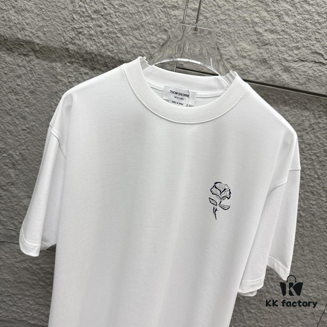 TB*Tommy* 2025 Spring Summer New Arrival Classic Rose Embroidery Short Sleeve T-Shirt Custom Double Gauze Plain Weave 100% Cotton 300 Fabric Unisex