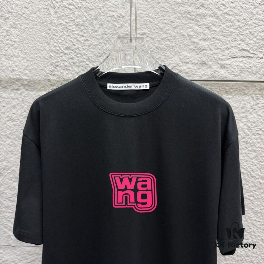 Alexander Wang 2025 Spring/Summer New Arrival Short Sleeve T-Shirt with Pink 'Wang' Silicone Print on Front and Back, Made of Custom Dual-Yarn Plain Weave Cotton 300 Fabric, Unisex Design