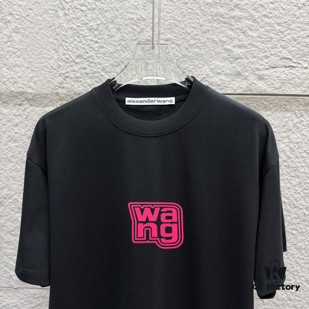 Alexander Wang 2025 Spring/Summer New Arrival Short Sleeve T-Shirt with Pink 'Wang' Silicone Print on Front and Back, Made of Custom Dual-Yarn Plain Weave Cotton 300 Fabric, Unisex Design