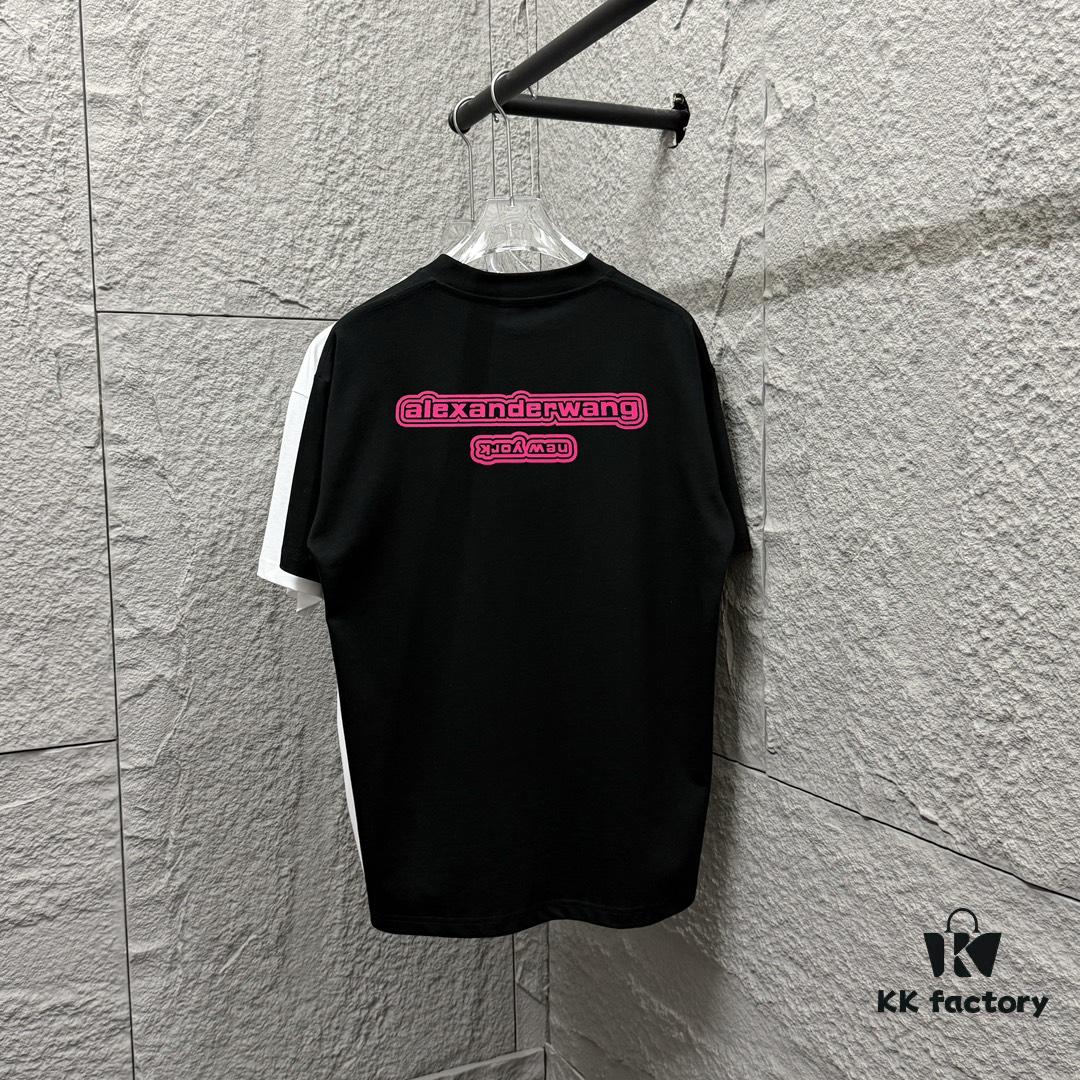 Alexander Wang 2025 Spring/Summer New Arrival Short Sleeve T-Shirt with Pink 'Wang' Silicone Print on Front and Back, Made of Custom Dual-Yarn Plain Weave Cotton 300 Fabric, Unisex Design